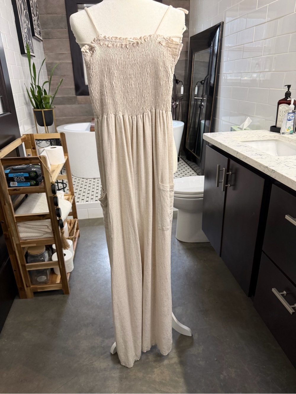 Neutral Cream Maxi Jumpsuit with Smocked Bodice Linen